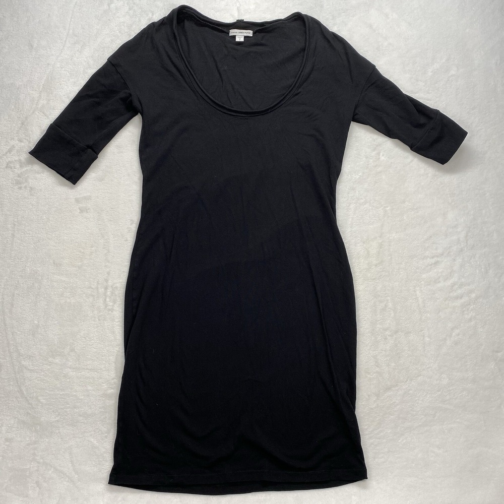 James Perse Dress Sz 2 black Boat Neck 3/4 Sleeve Body Con‎ Cotton Blend Stretch